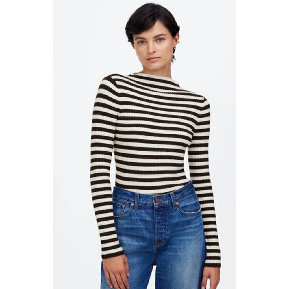 Madewell Cotton Mockneck Top Stripe Ivory Carob NWT L